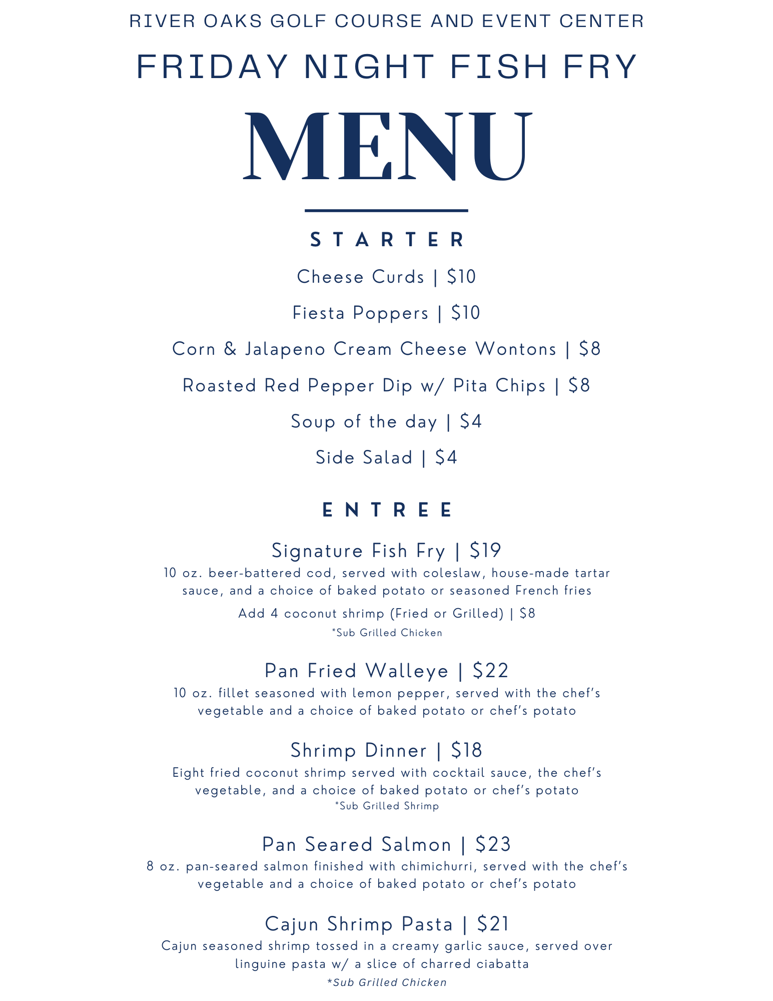 Fish Fry Menu at River Oaks Golf Course and Event Center in Cottage Grove Minnesota