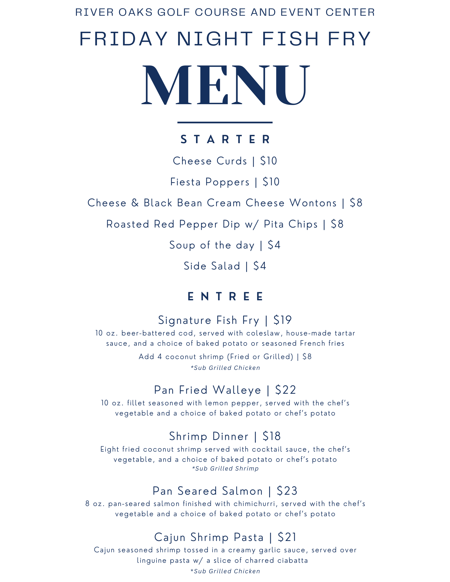 Fish Fry Menu at River Oaks Golf Course and Event Center in Cottage Grove Minnesota 