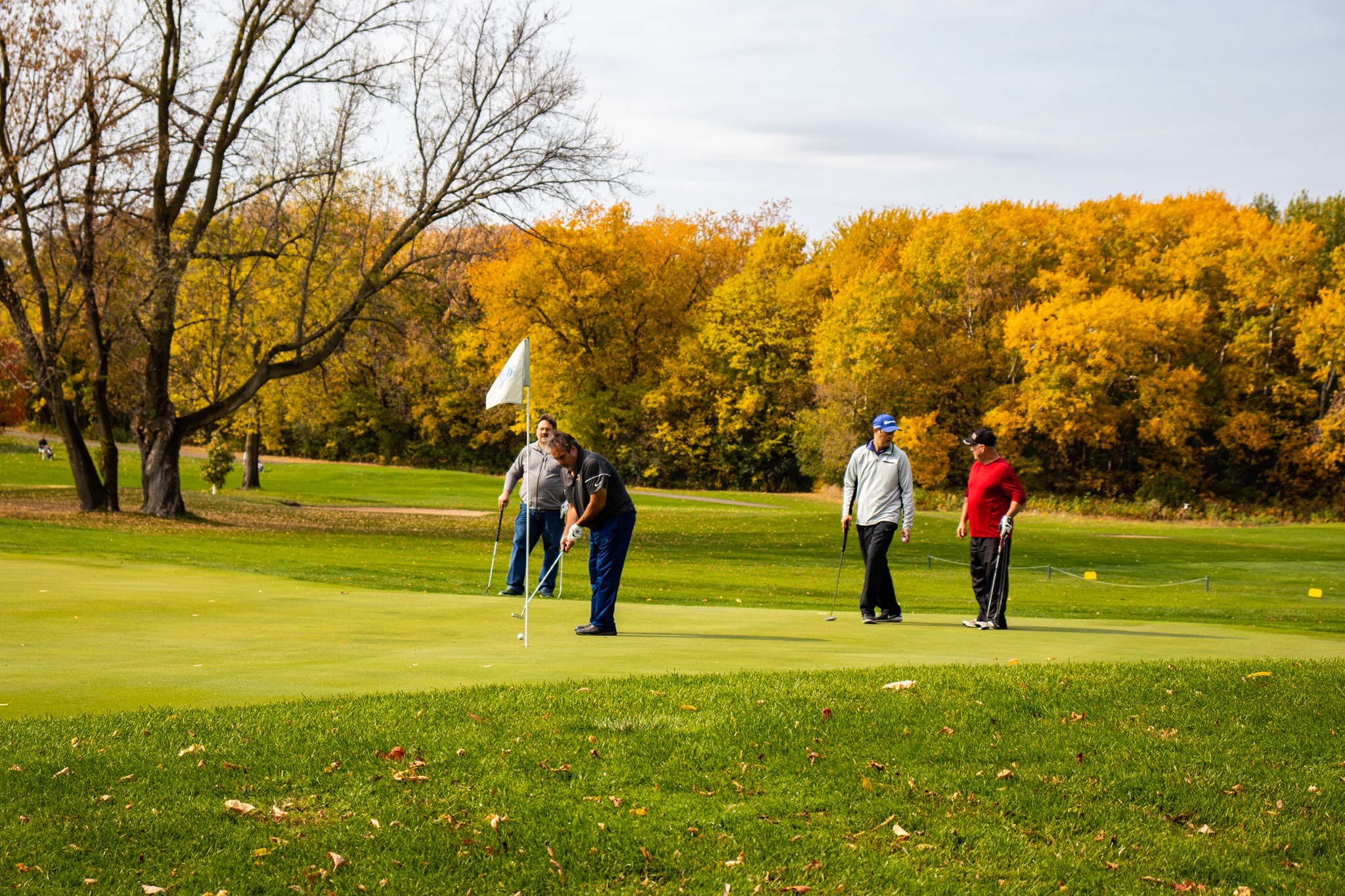 Golfers putting on a green surrounded by fall colors at River Oaks Golf Course in Cottage Grove Minnesota