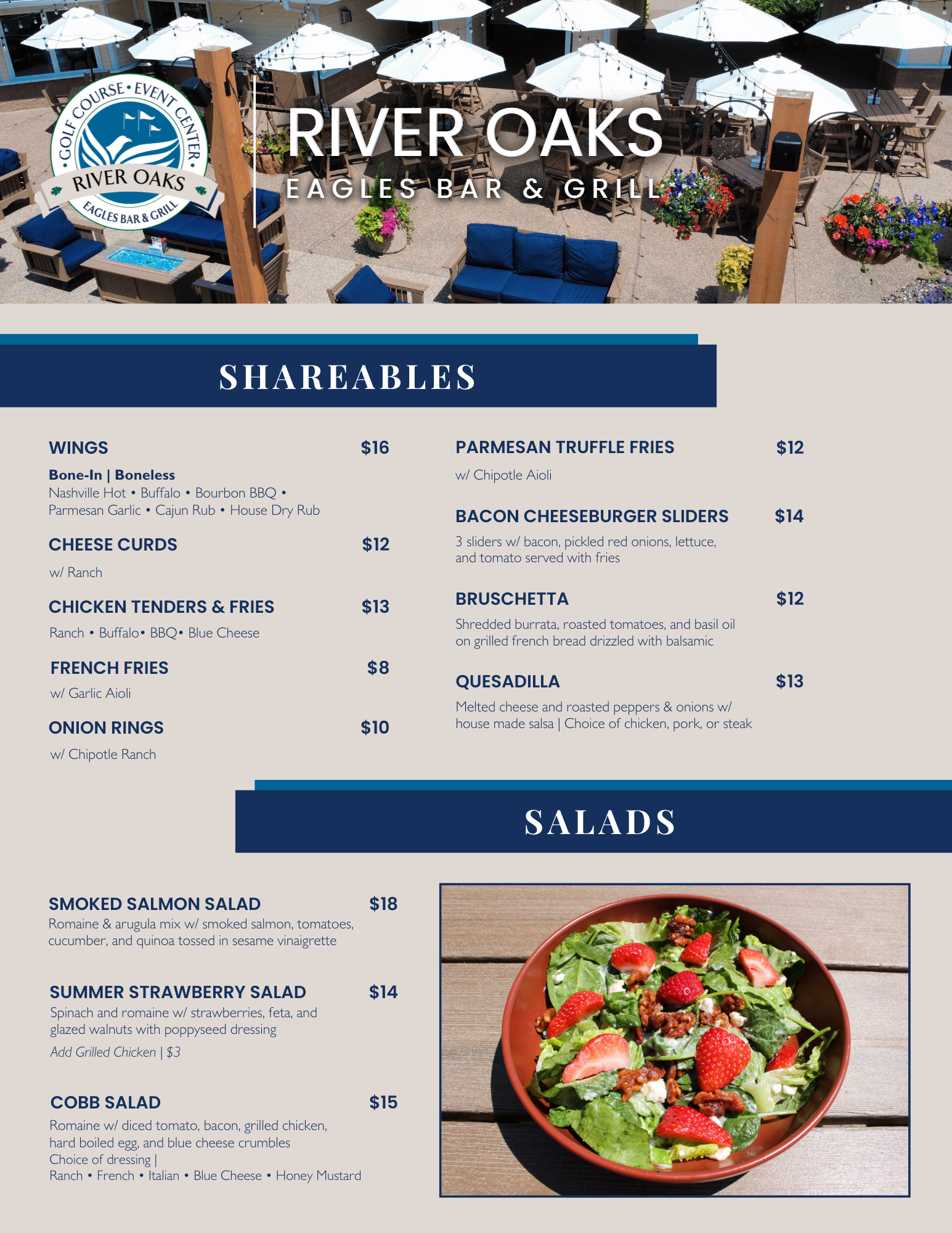 River Oaks Eagles Bar & Grill menu featuring shareable appetizers and fresh salads, including wings, cheese curds, sliders, truffle fries, smoked salmon salad, strawberry salad, and cobb salad.